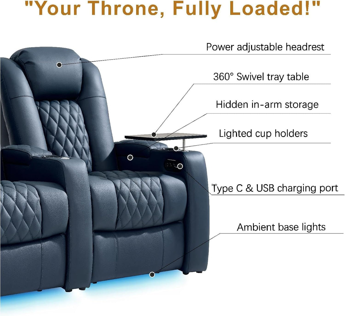 comfiroom Top-Grain Leather Home Theater Seating, Dual-Motor Power Recliner
