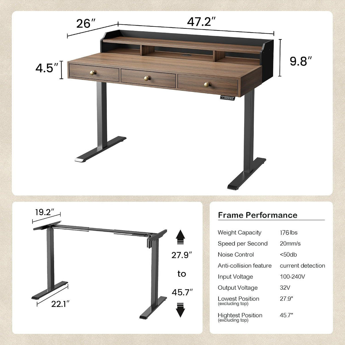 ModernMate Standing Desk with 3 Drawers, 48 x 26 Inches
