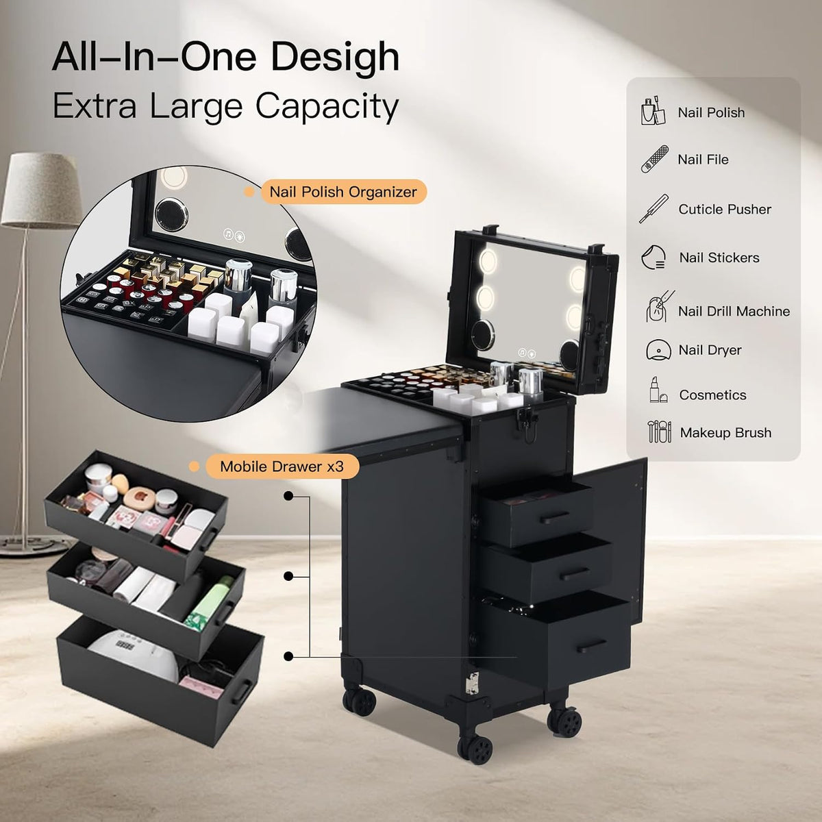 Portable Nail Desk for Nail Tech, Foldable Manicure Table with 3 Drawers &...