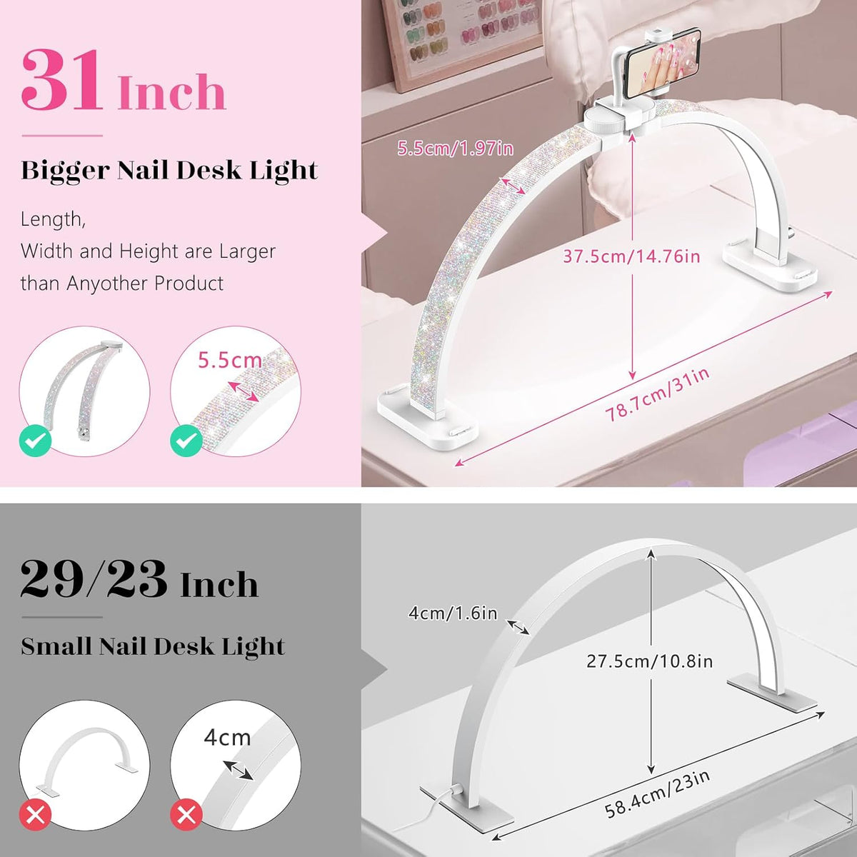 Half Moon Light for Nail Desk: 31" Manicure Table Light with Phone Holder