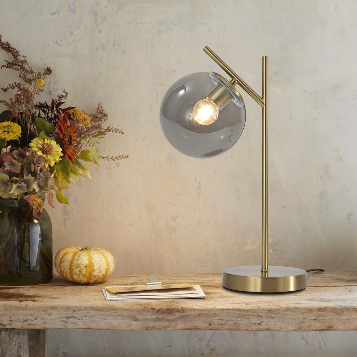 Mid Century Desk Lamp, Glass Globe Table Lamp with Gray Glass lampshade, Gold...