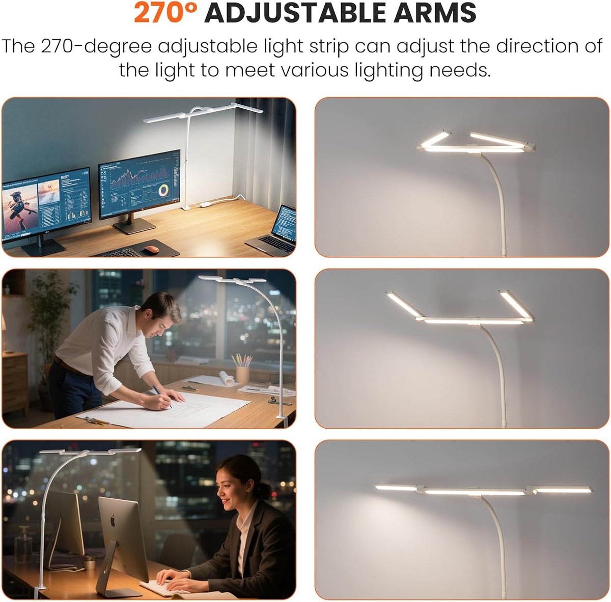 LED Desk Lamp for Office Home, Adjustable 3 Head Desk Light with Adapter
