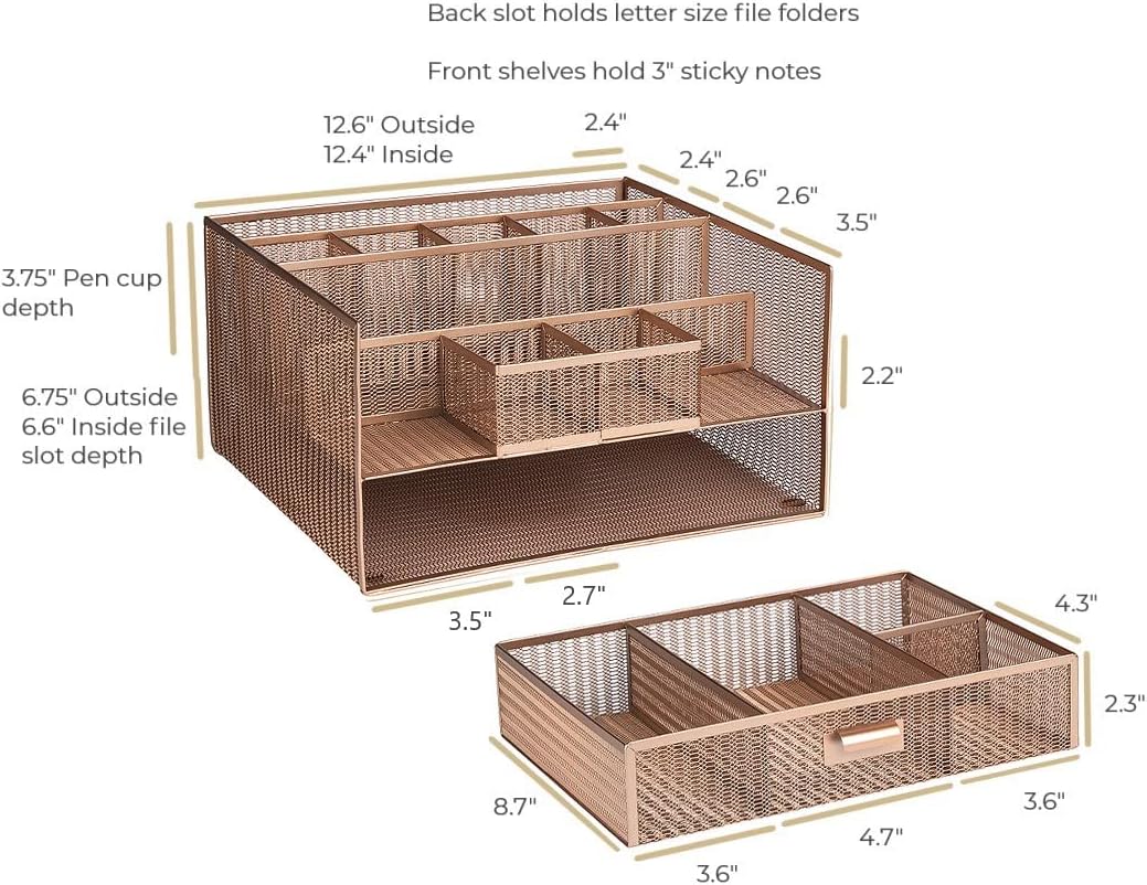 BLU MONACO Large Rose Gold Desk Organizer | 12-Compartment Metal Mesh Desktop...
