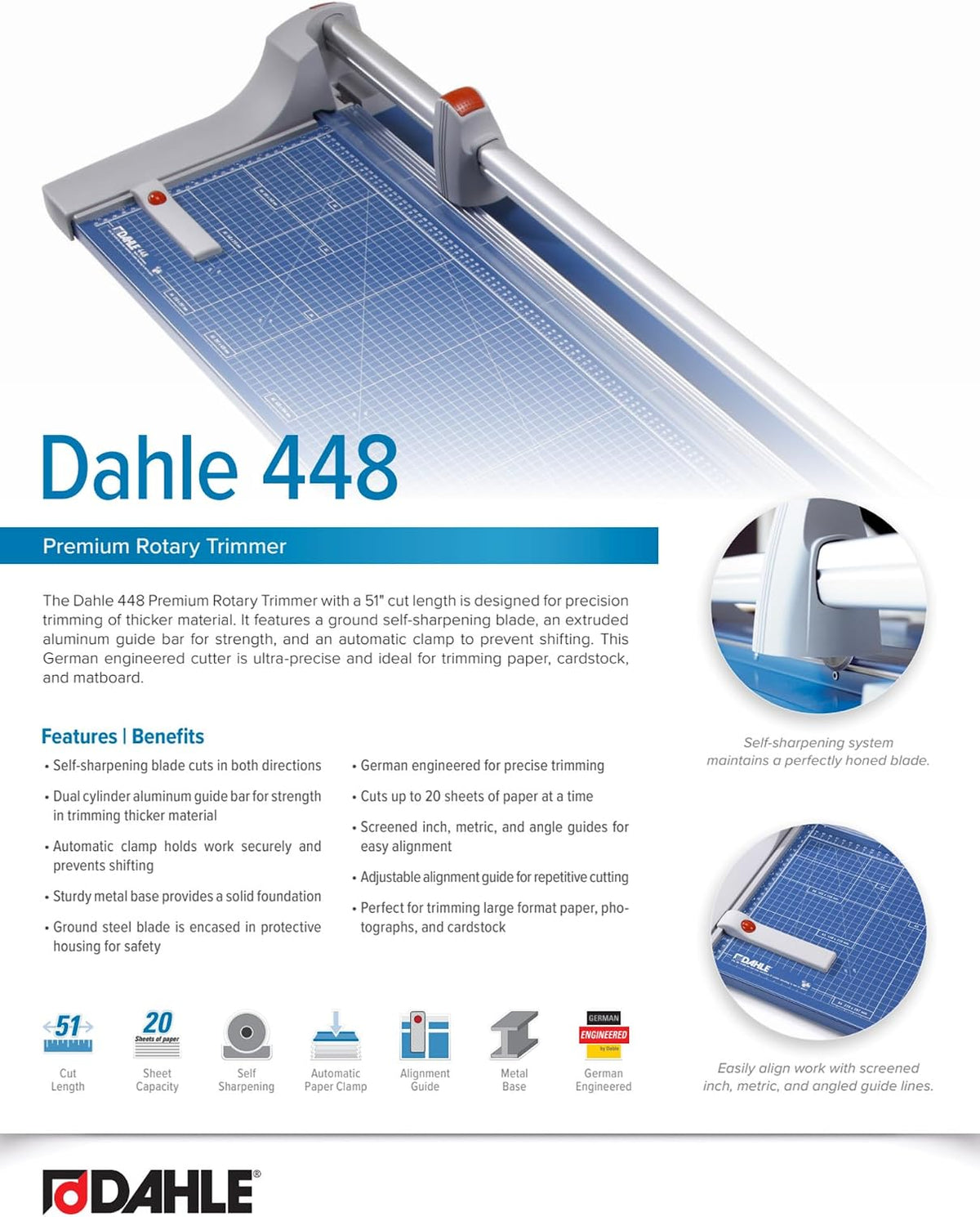 Dahle 448 Premium Rotary Trimmer, 51" Cut Length, 20 Sheet Capacity, Sel...
