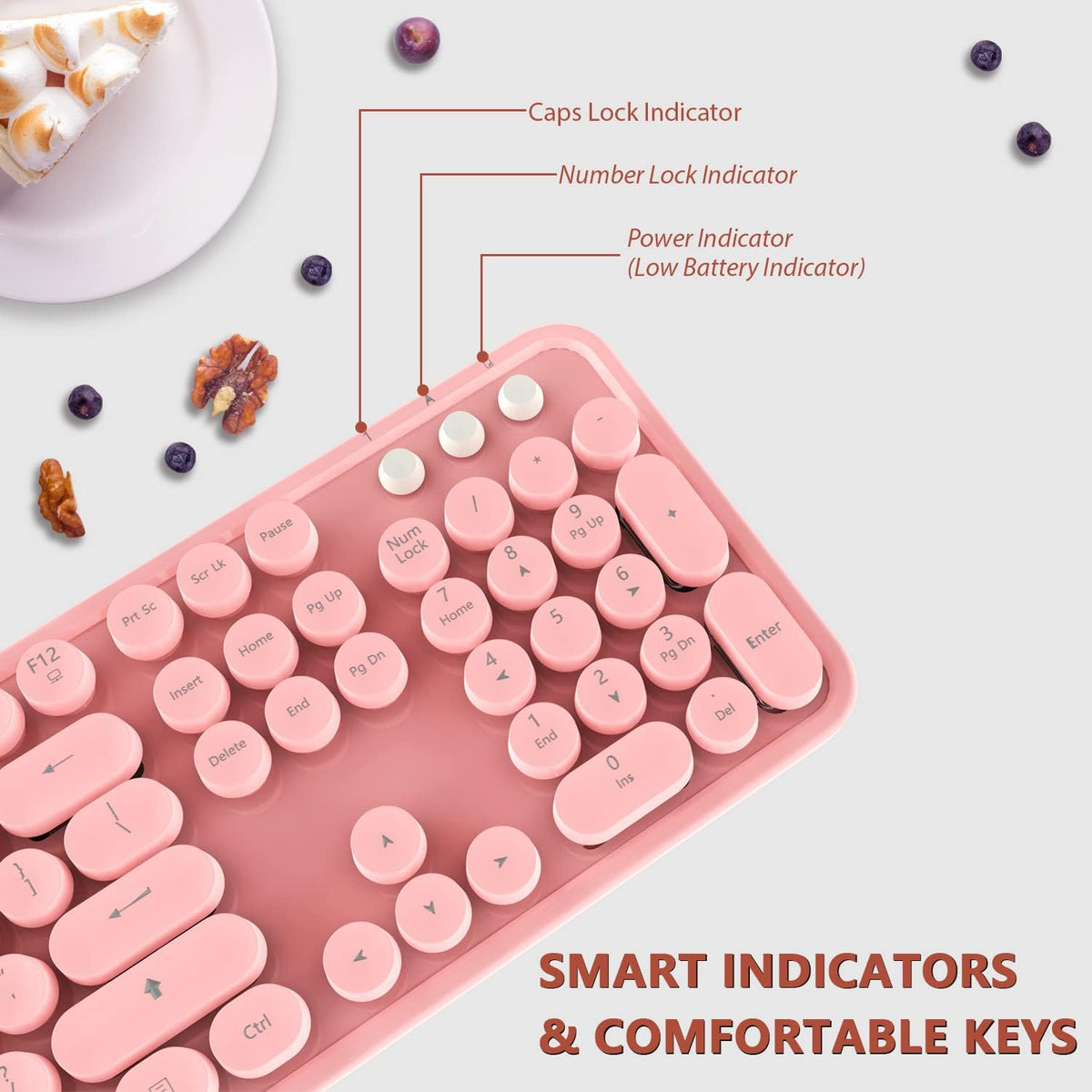 Kootop Wireless Keyboard Mouse, Cute 104 Keys Typewriter Pink White