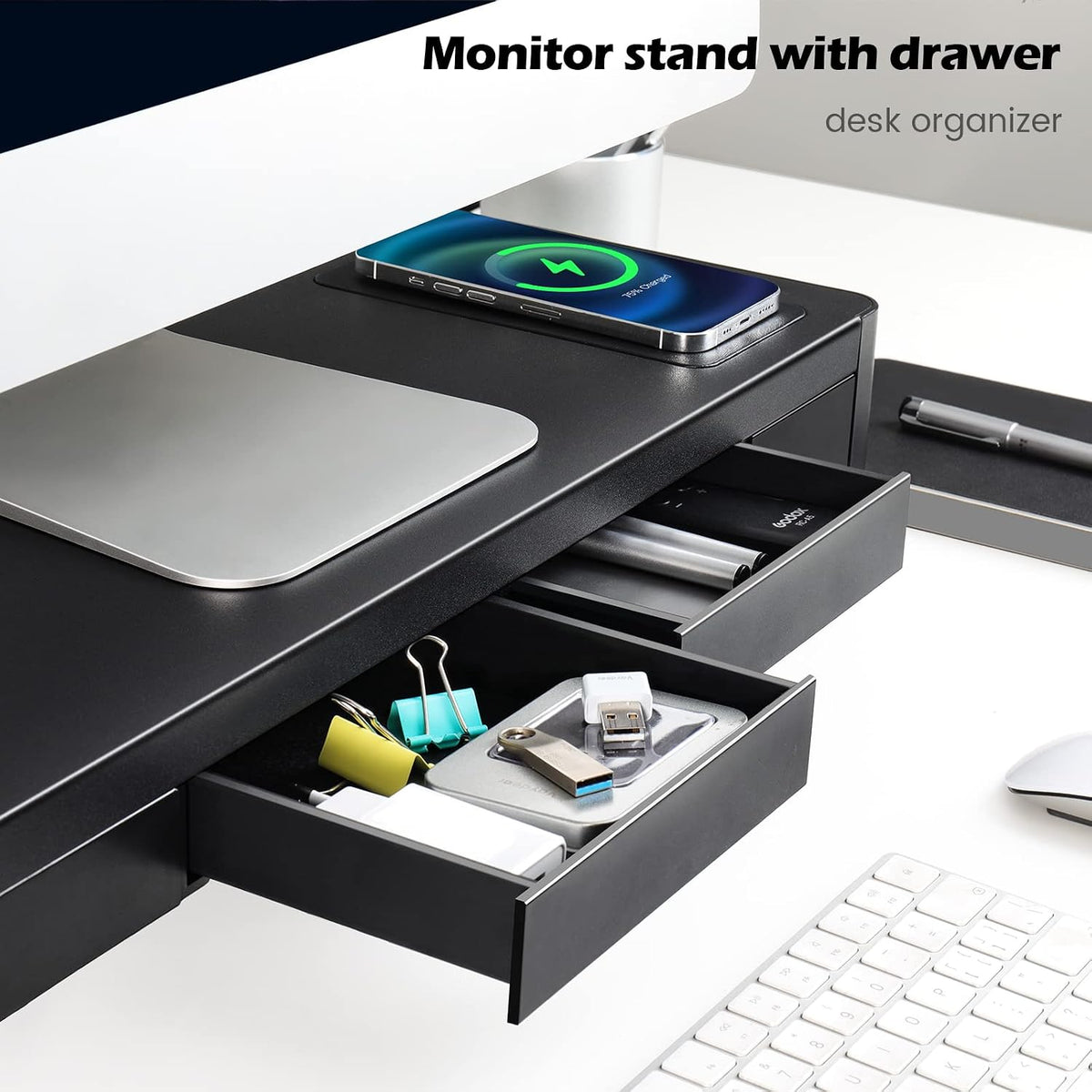meatanty 3 In 1 Monitor Stand Riser with 2 Drawers,1 Wireless Charging Module...