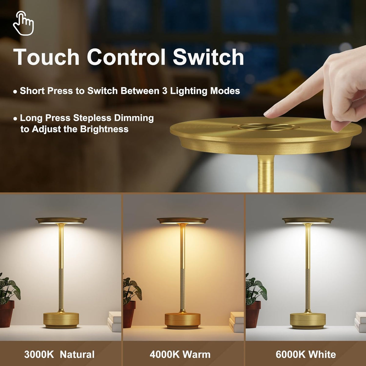 2 Pack Cordless Table Lamps Rechargeable, 5000mAh LED Table Light