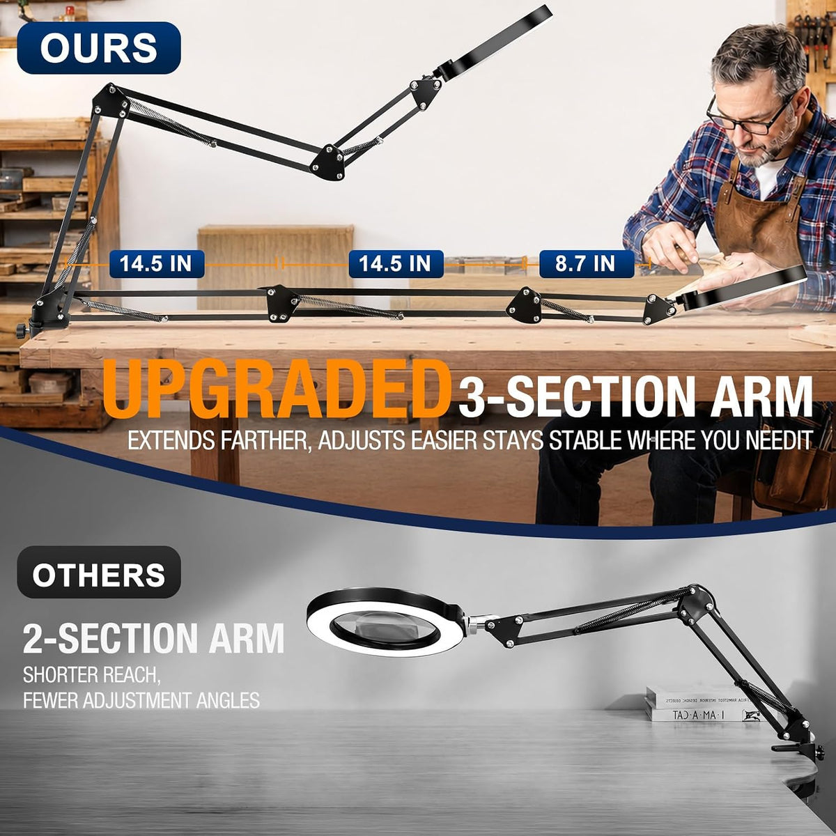 Magnifying Lamp with Light 12X, 3-Section Arm LED Desk Clamp Lamp (Black)