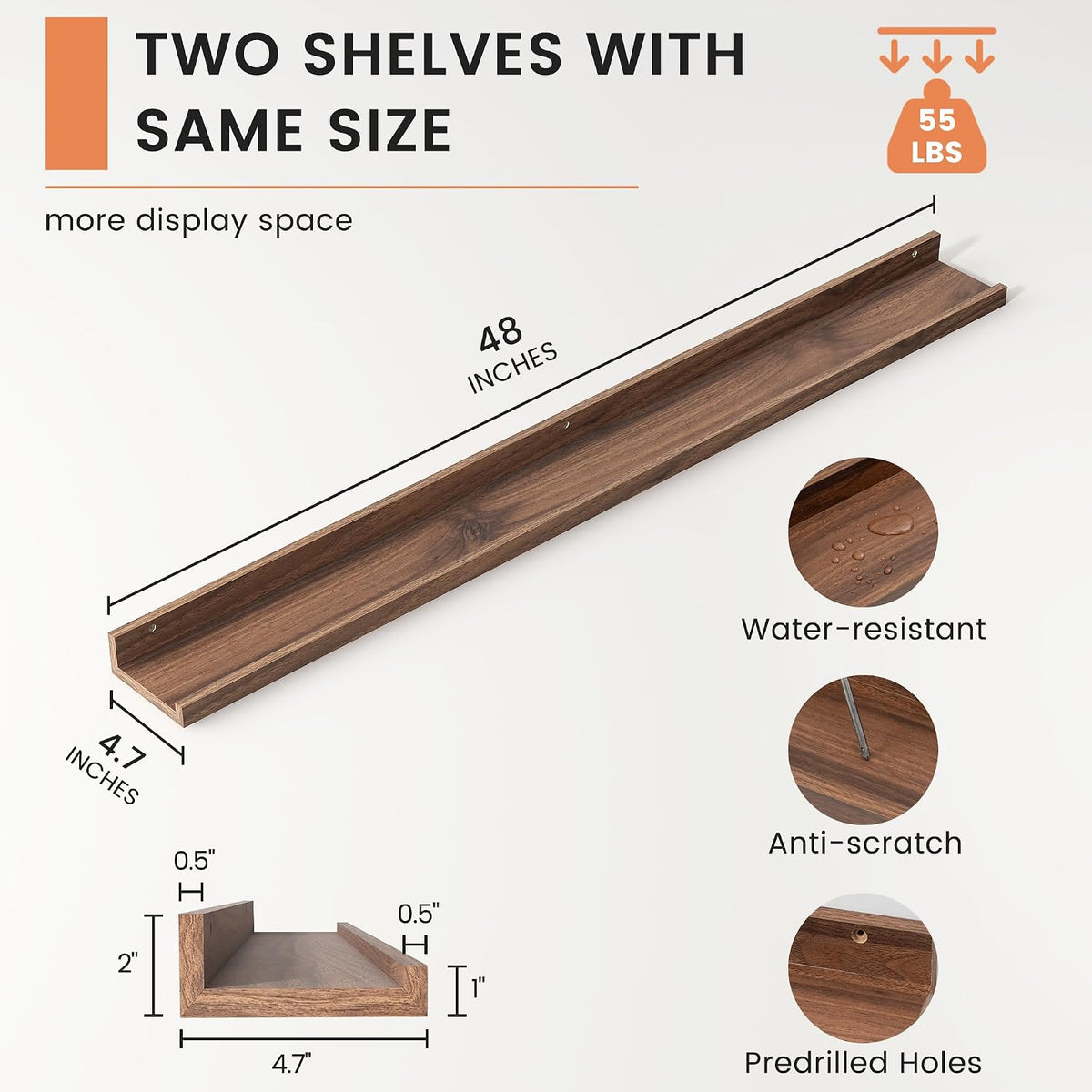 Picture Ledge Shelf, Floating Shelves for Wall, 48" W Set of 2, Walnut
