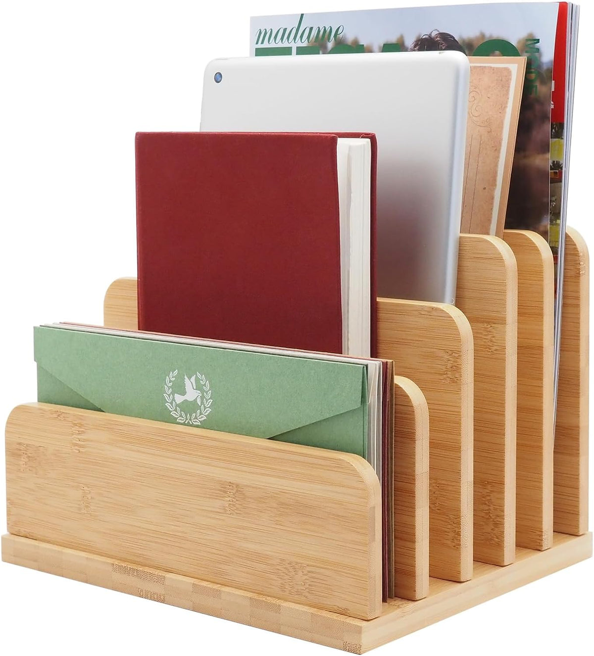 Desk File Mail Organizer Countertop, 5 Slots Bamboo Folder Sorter Holder for ...