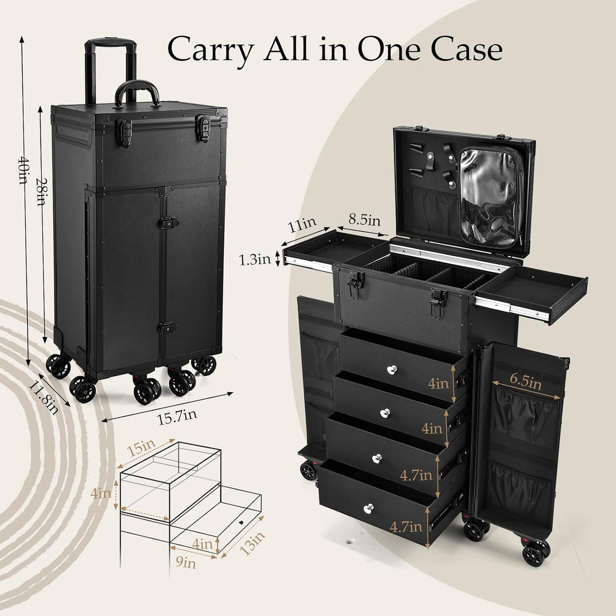 Joligrace Professional Rolling Makeup Case 4 Drawers Pro Makeup Artist Cosmet...