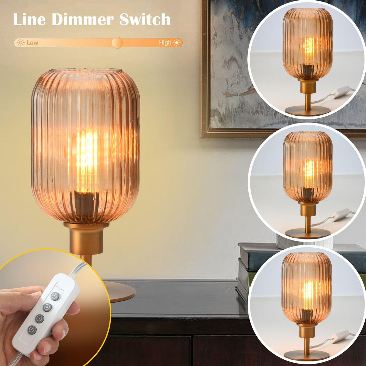 Mid Century Glass Table Lamp, Timer Build-In, Dimmable Desk Lamp, Amber