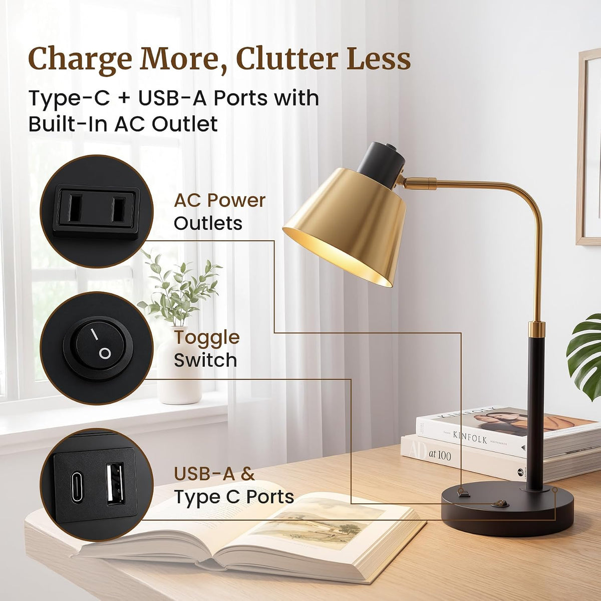 Desk Lamp with USB-C, USB-A and AC Outlet, Adjustable E26 Table Lamp for Home...