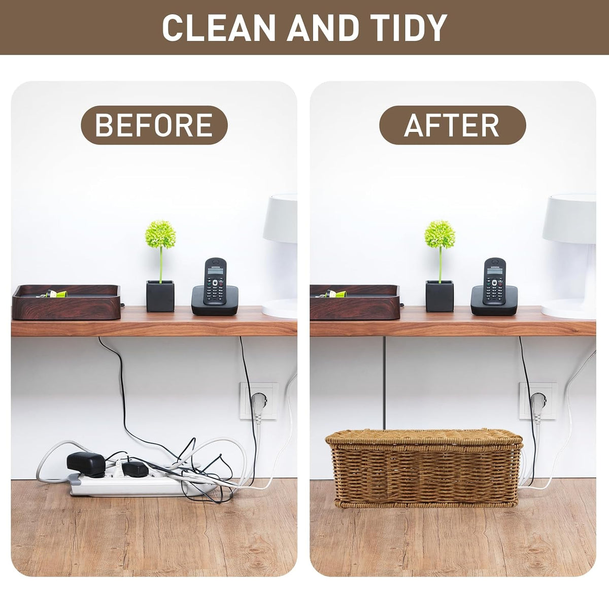 2 Pcs Large Rattan Cable Management Box, Cord Organizer Box with Lid Under De...