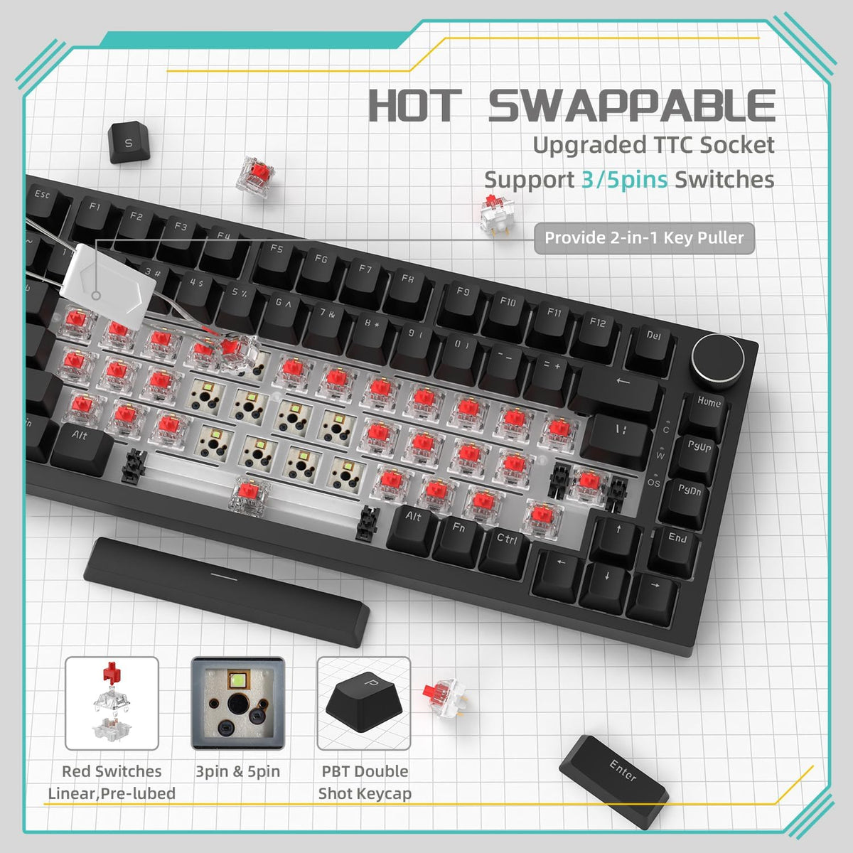 AJAZZ AK820 Mechanical Gaming Keyboard 75% Wired TKL Hot Swappable-Black