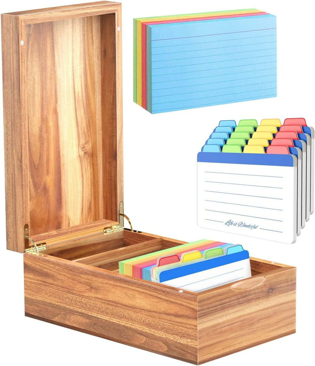 Neando 3x5 Index Card Organizer Box with Lid – Acacia Wood Note Card Holder w...