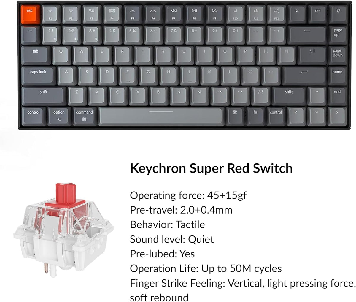 Keychron K2 75% Layout Bluetooth Mechanical Keyboard Super Red Switch/White L...