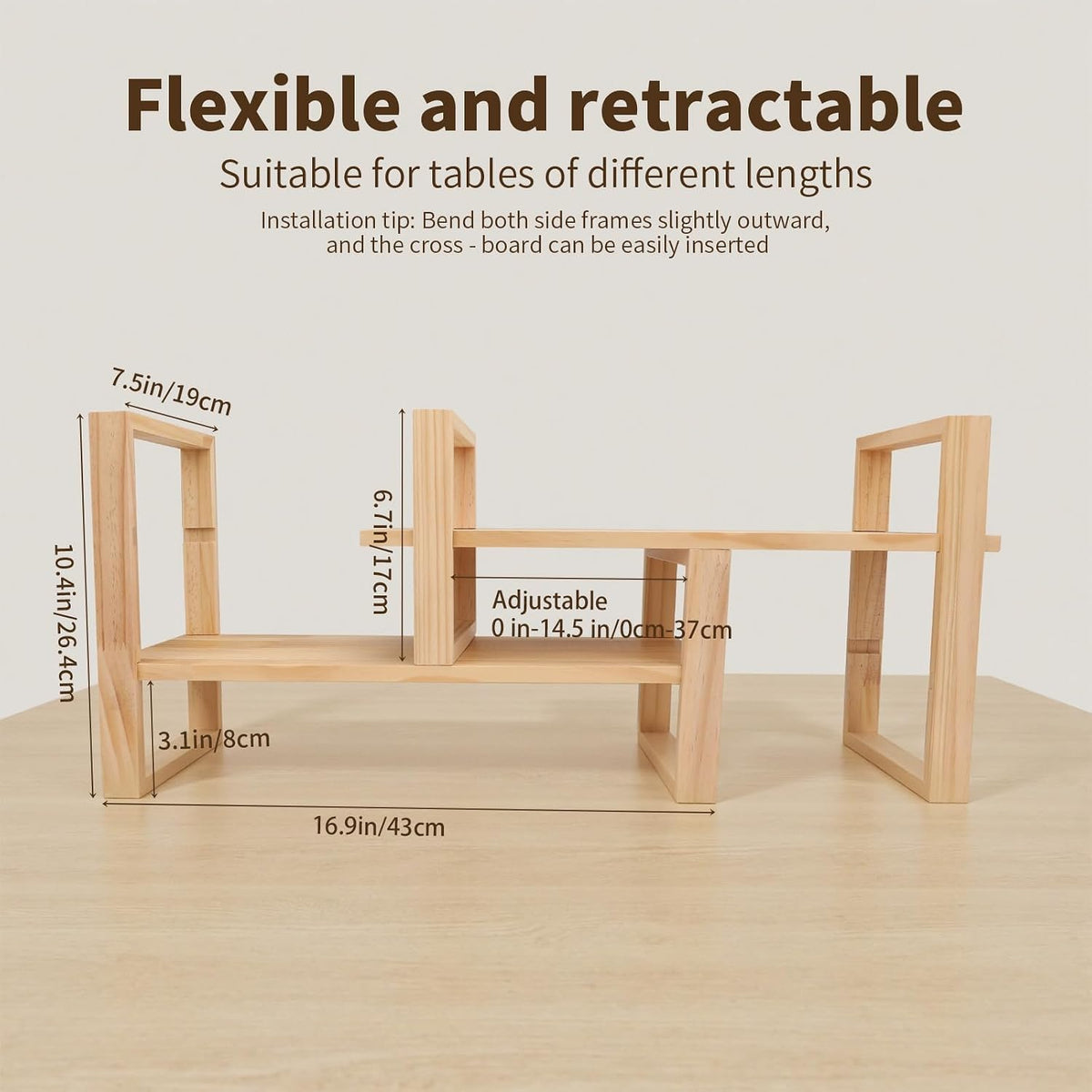 Desk Shelf, 100% Solid Wood Adjustable Desktop Bookshelf, No Tools or Nails R...