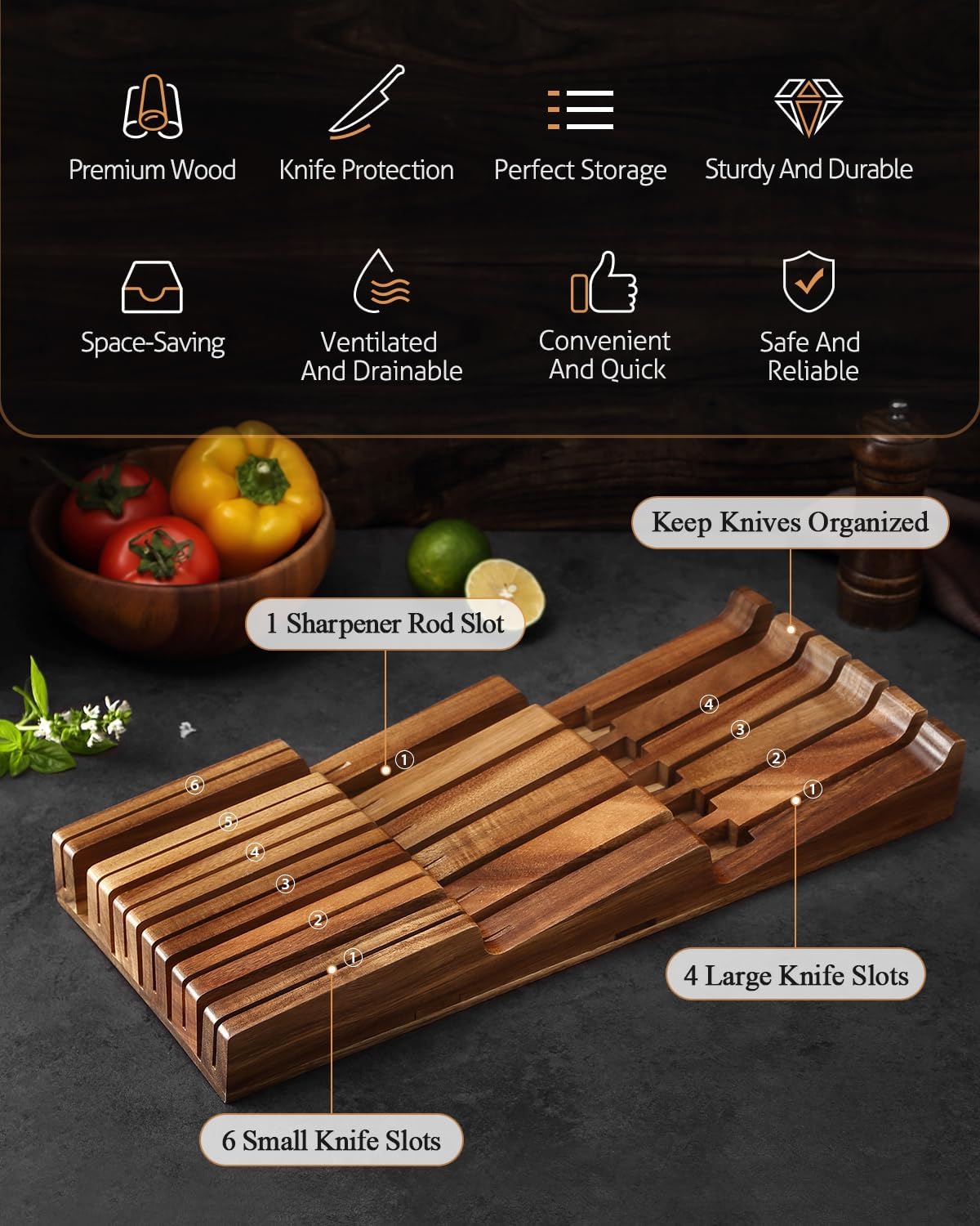 XINZUO In-drawer Knife Block, Natural Acacia Knife Drawer Oganizer, Insert-Ki...