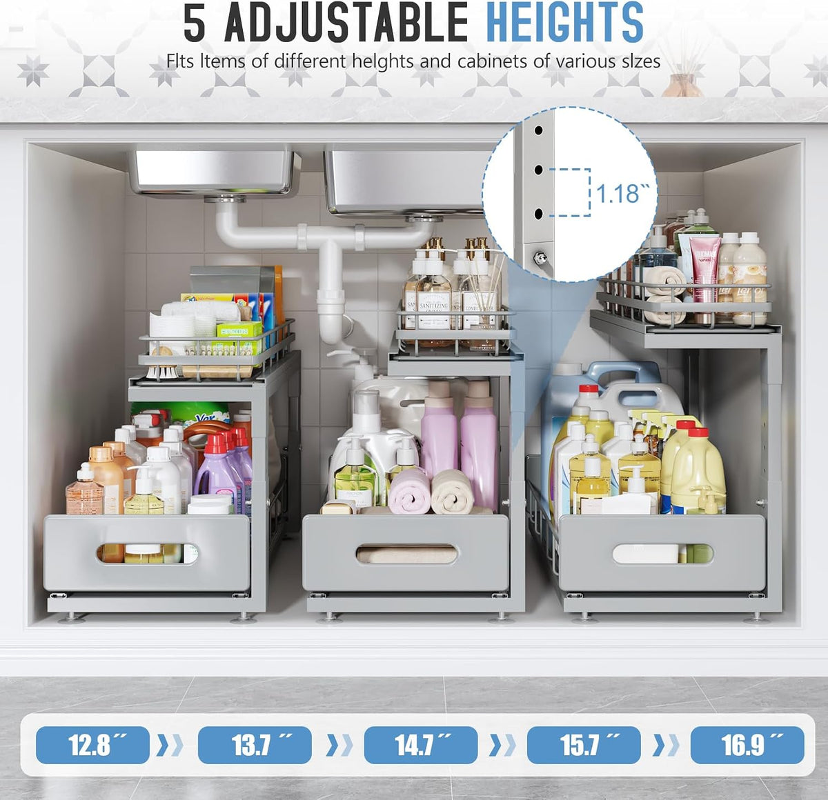Under Sink Organizer Upgrade To Professional Rails,2-Tier Dual Pull Out Cabin...
