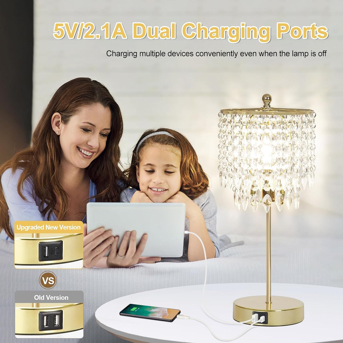 Crystal Table Lamp Set of 2, 3-Way Dimmable Nightstand Lamp with 2 USB Chargi...