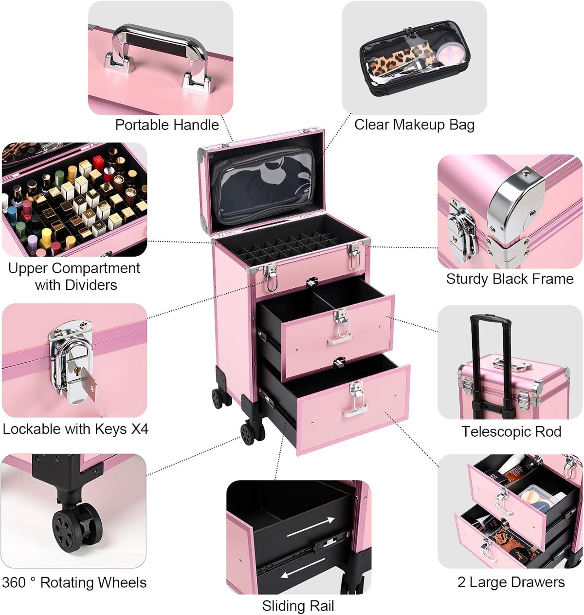 3 in 1 Rolling Makeup Case, Professional Cosmetology Case on Wheels, Detachab...