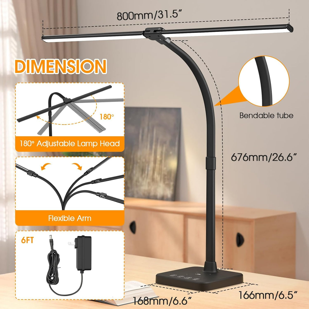 ShineTech LED Desk Lamp, 24W Double Head Desk Light with Wireless Charging