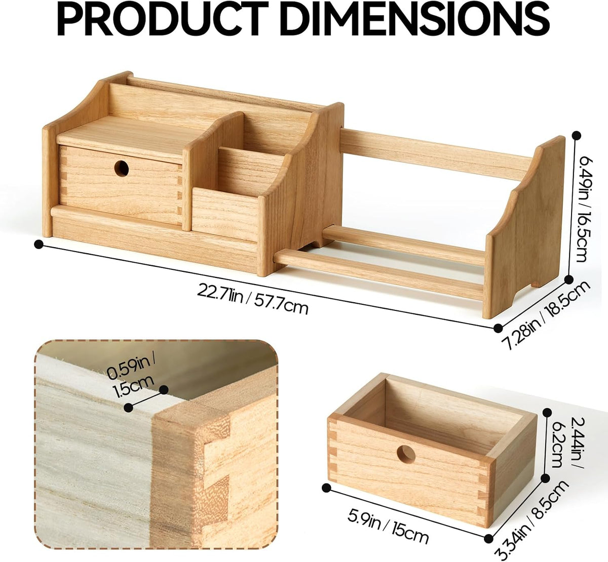 KIRIGEN Wood Desktop Bookshelf with Drawer, Expandable Desk Shelf, Natural