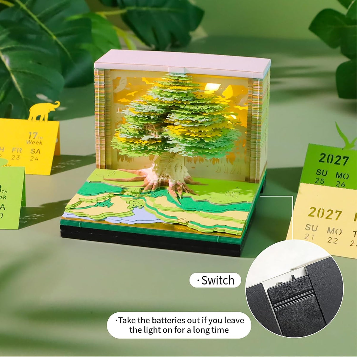 3D Time Piece Calendar, 2027 Desk Calendar With LED Light, 3d Tree Memo Pad C...