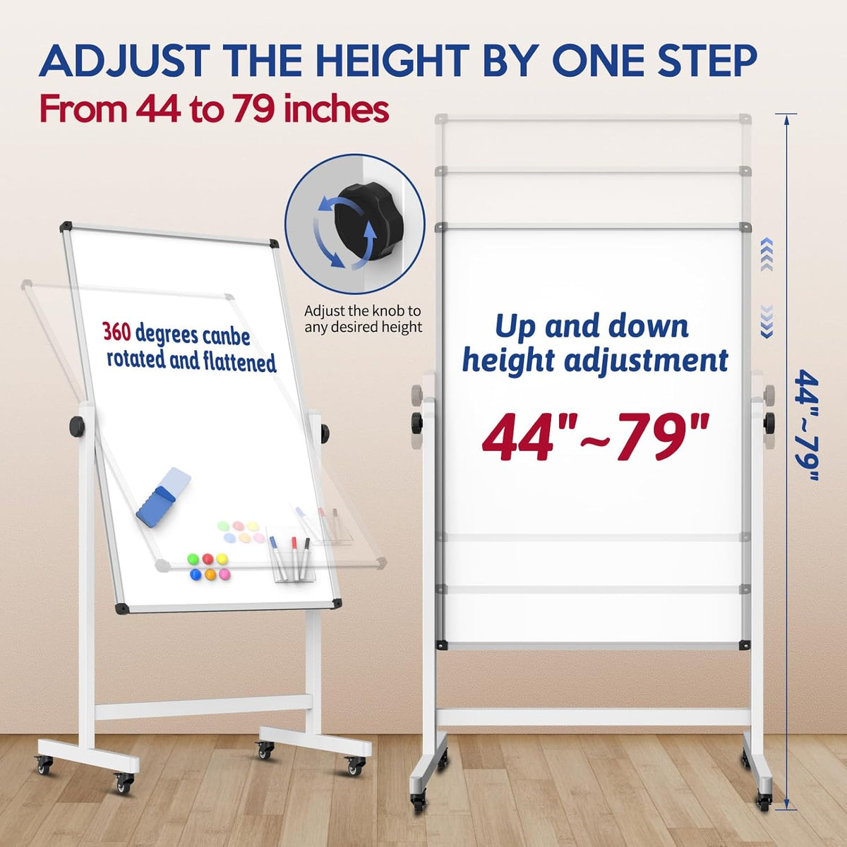 44x26 Rolling Whiteboard on Wheels, Height Adjustable Dry Erase Board