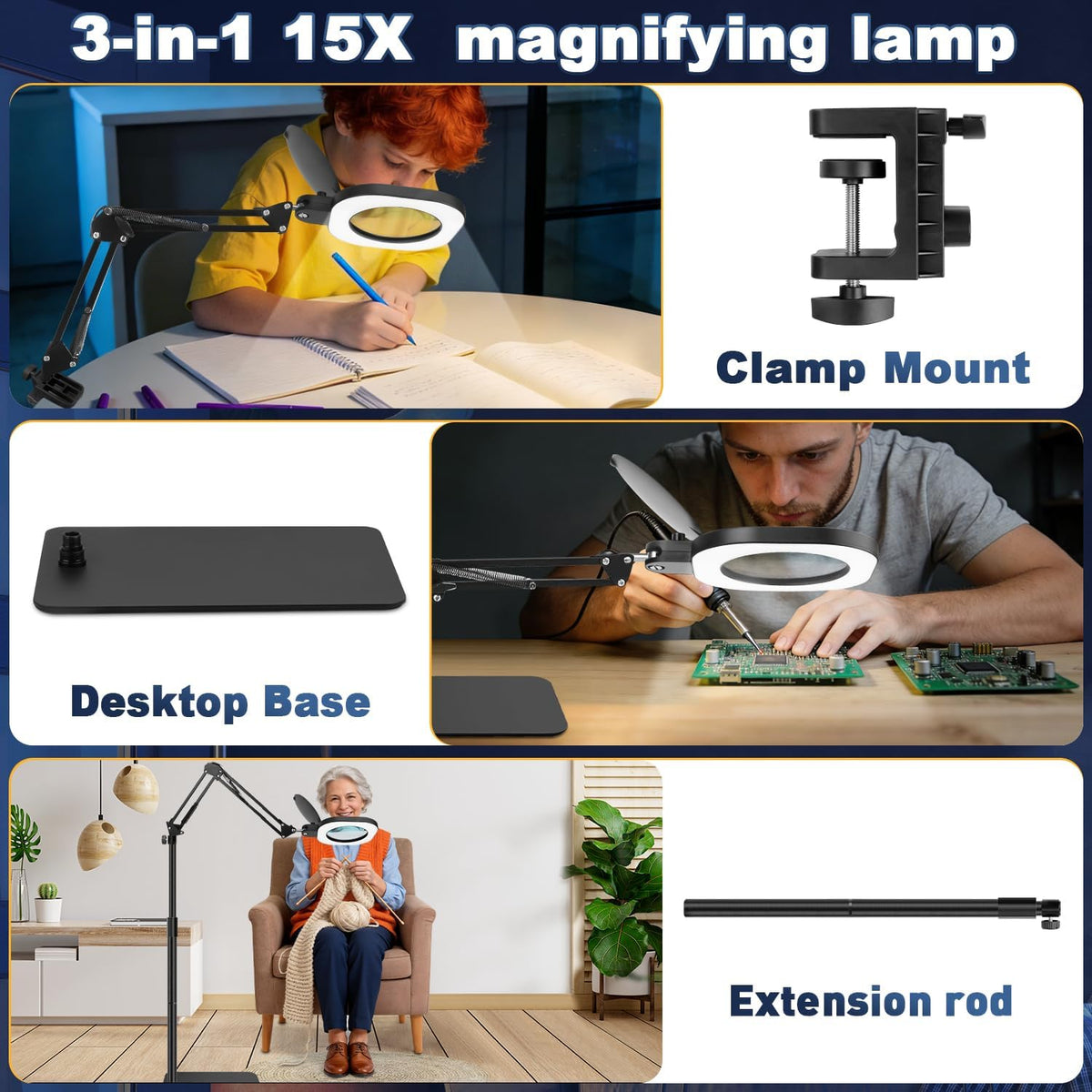 15X Real Glass Standing Magnifying Glass with Light and Stand, 3-in-1 Adjusta...