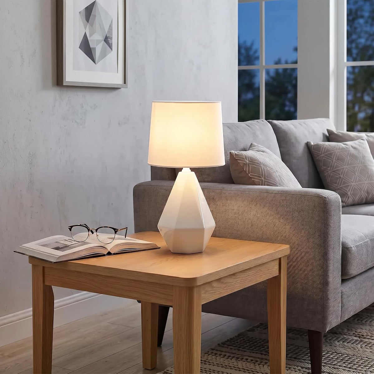 SOTTAE 15" Modern Small Ceramic Table Lamp, White Irregular Geometric Be...
