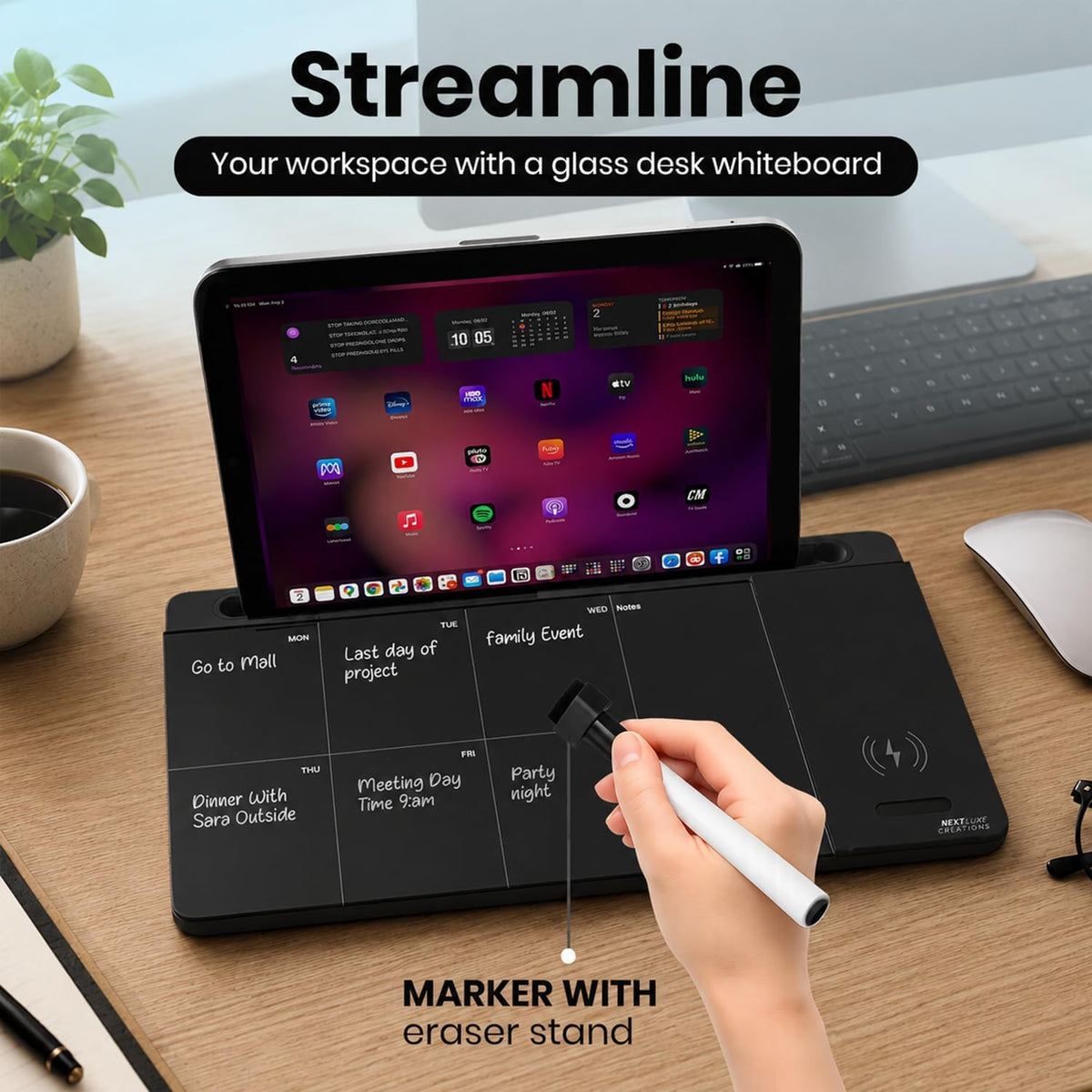NEXTLUXE Glass Desk Whiteboard with Wireless Charger - Desktop Whiteboard wit...