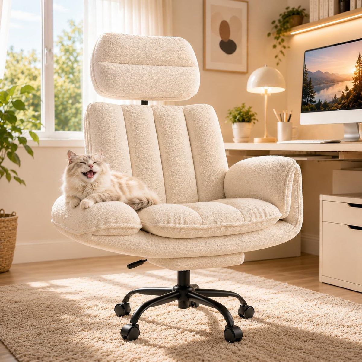 HOMRELEXA Criss Cross Office Chair with Armrests & Wheels, Comfy Teddy Fl...