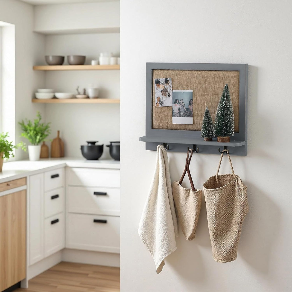 SOFE Linen Pin Board Grey Framed, Fabric Bulletin Board with Hooks