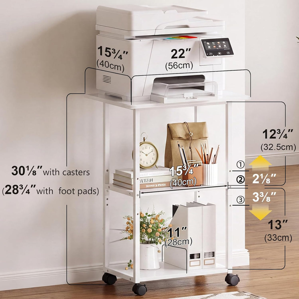 MARTY 3 Tier Large Printer Stand, Mobile Printer Table, Adjustable Shelf