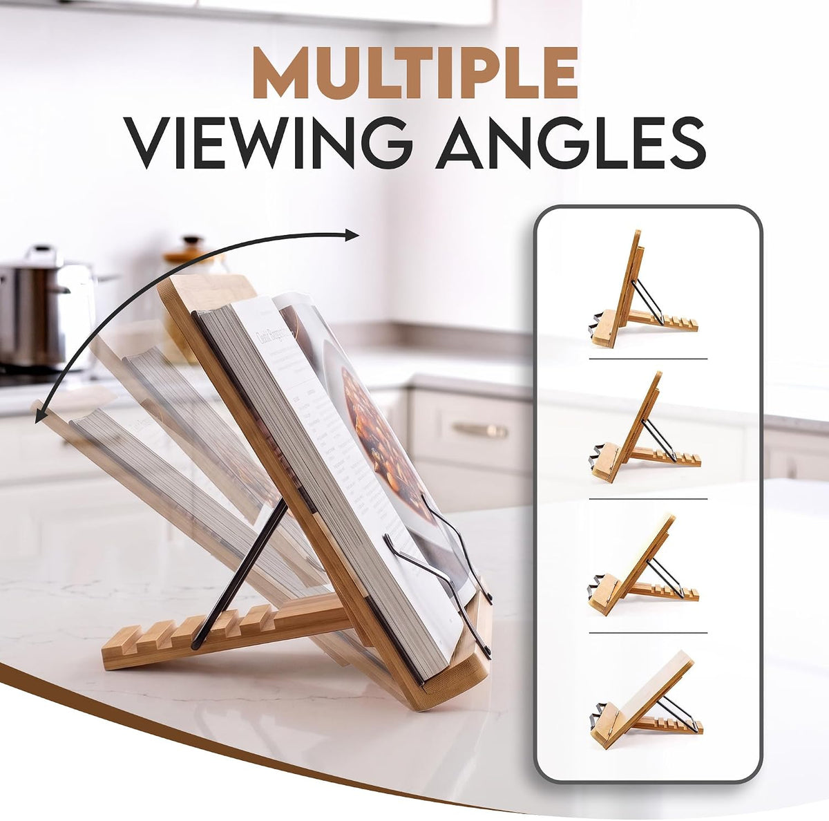 Bamboo Cookbook Stand Large, Adjustable Book Holder Tray and Page Paper Clips...