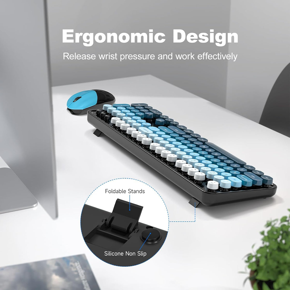 MOWUX Wireless Keyboard and Mouse Combo, Full Size Typewriter Retro Round Com...