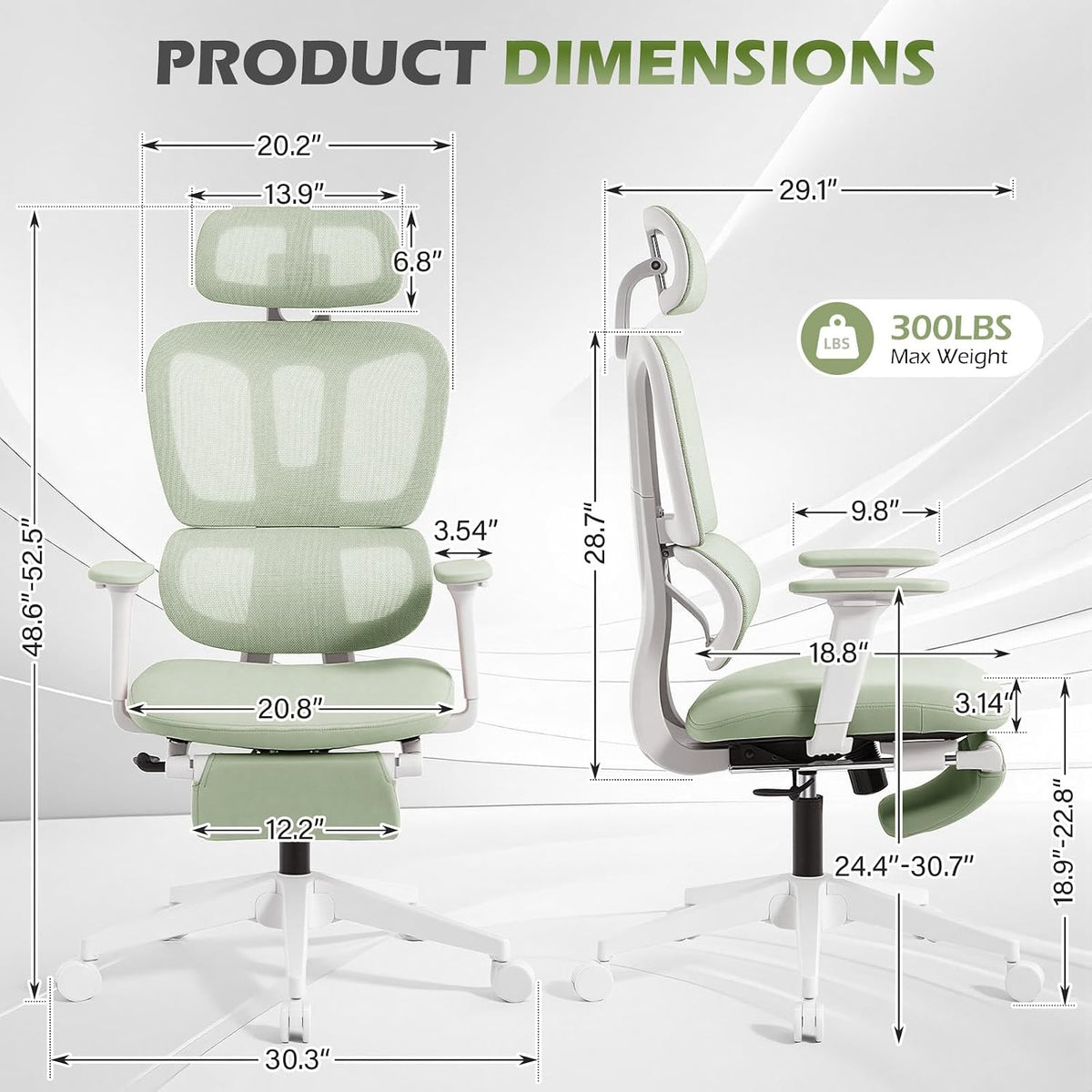 Ergonomic Office Chair with Footrest and Dynamic Lumbar Support, Green
