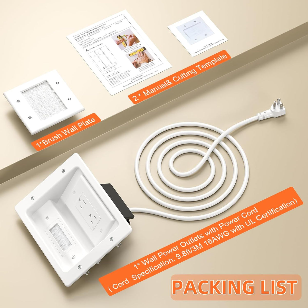 in Wall Cable Concealer Kit with Brush Wall Plate,Recessed Outlet Box,9ft Cor...