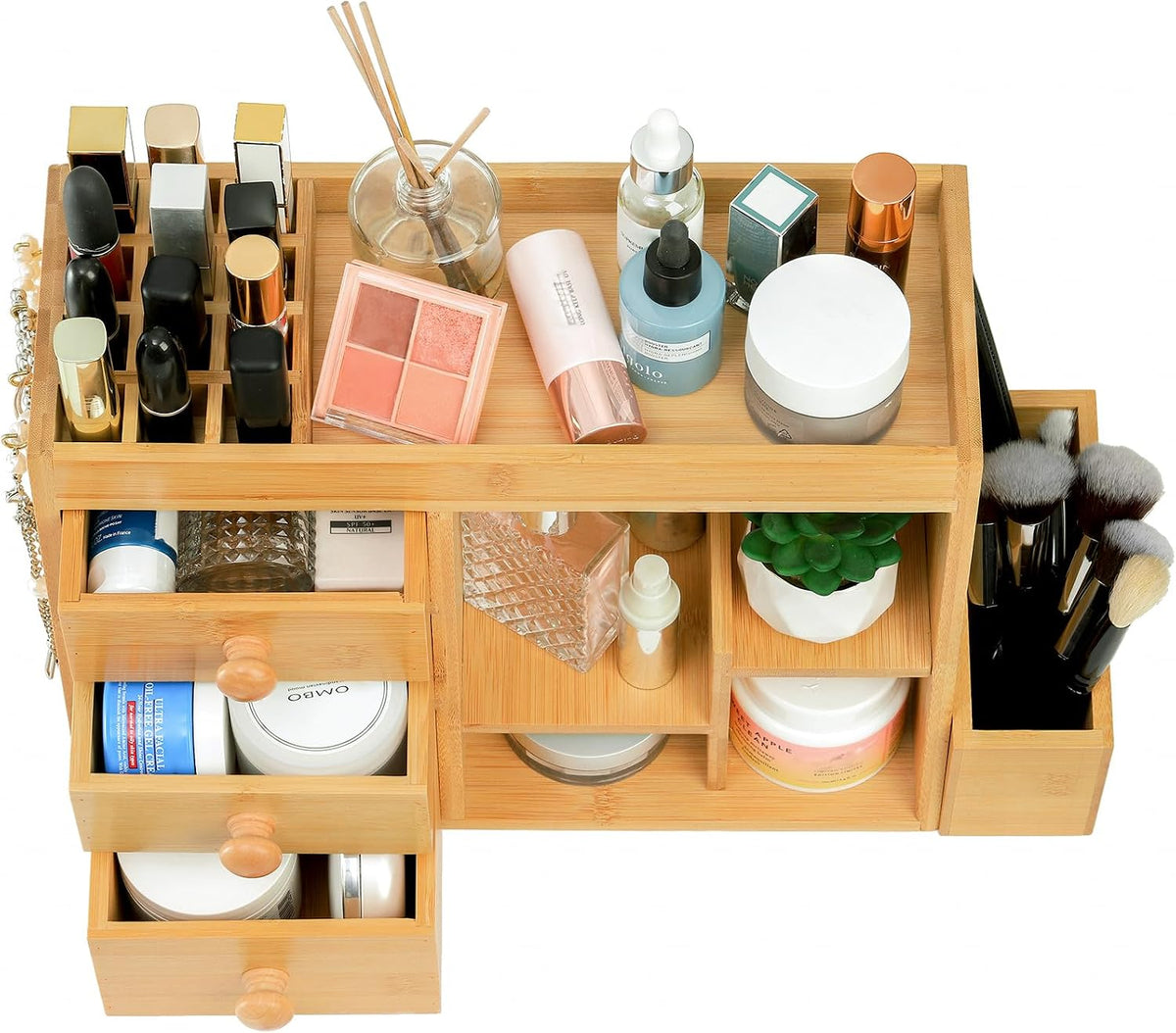 Elsjoy Large Countertop Bamboo Makeup Organizer with 3 Drawers, 12-Grid Lipst...