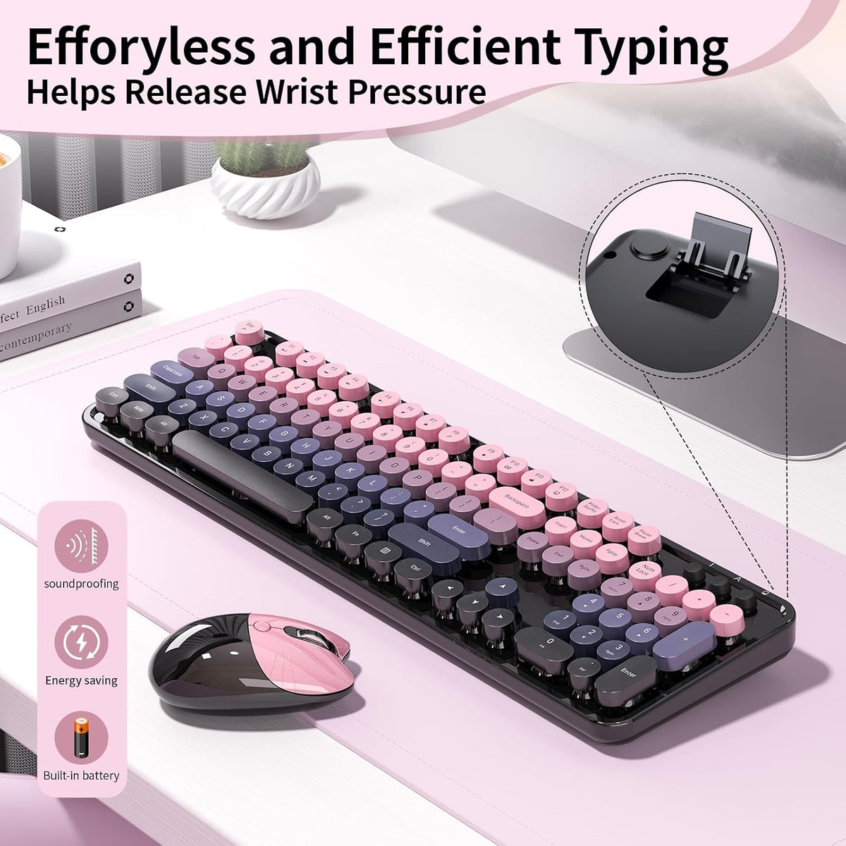 Wireless Keyboard and Mouse, MOFII 104 Round Keycaps Retro Typewriter with OT...