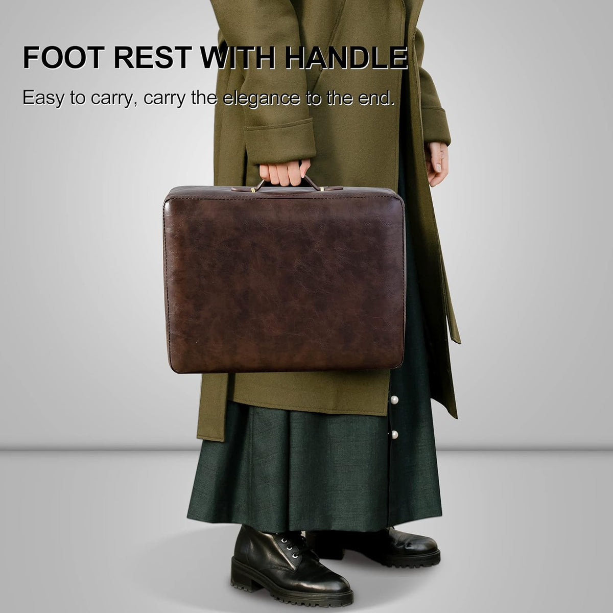 Small Foot Stool with Handle, Brown Faux Leather Short Foot Stool Rest, Recta...