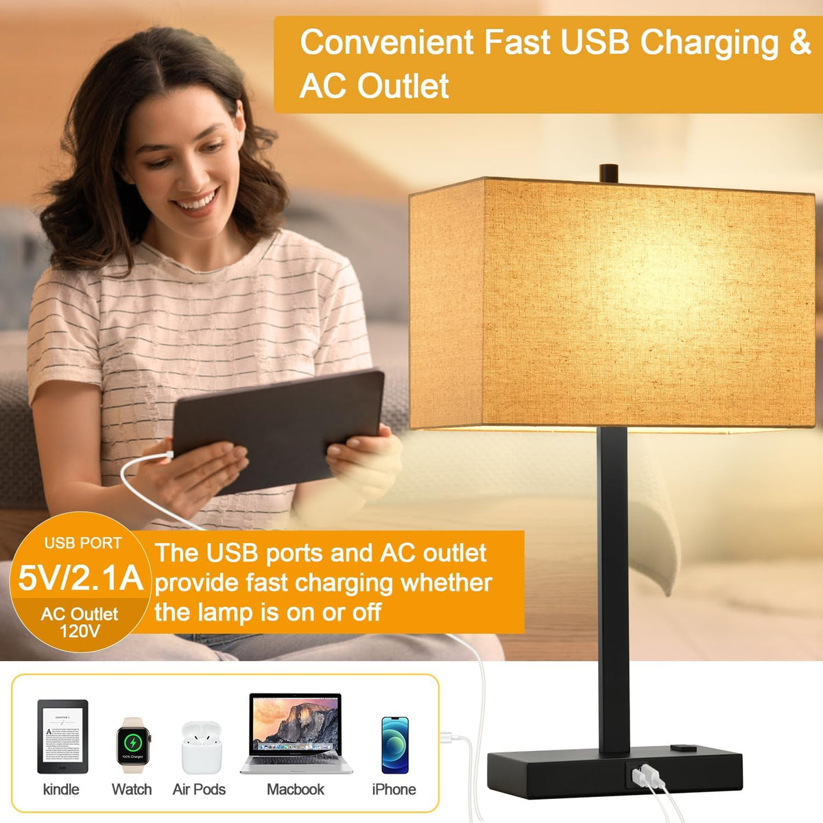 21" Touch Bedside lamps with 2 USB & AC Outlets, 3-Way Dimmable Beds...