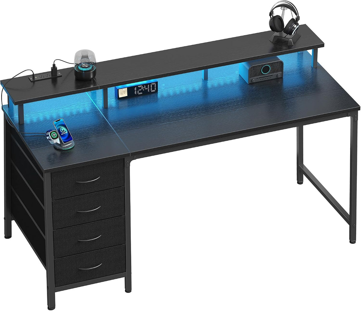 DUMOS 47-Inch Gaming Computer Desk with Drawers for Home Office, Black