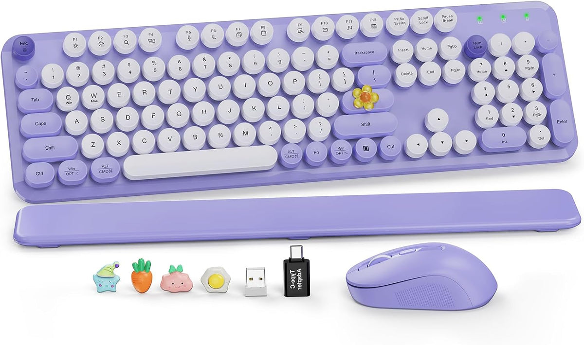 Wireless Keyboard and Mouse, Round Keycaps, Magnetic Wrist Rest, Purple