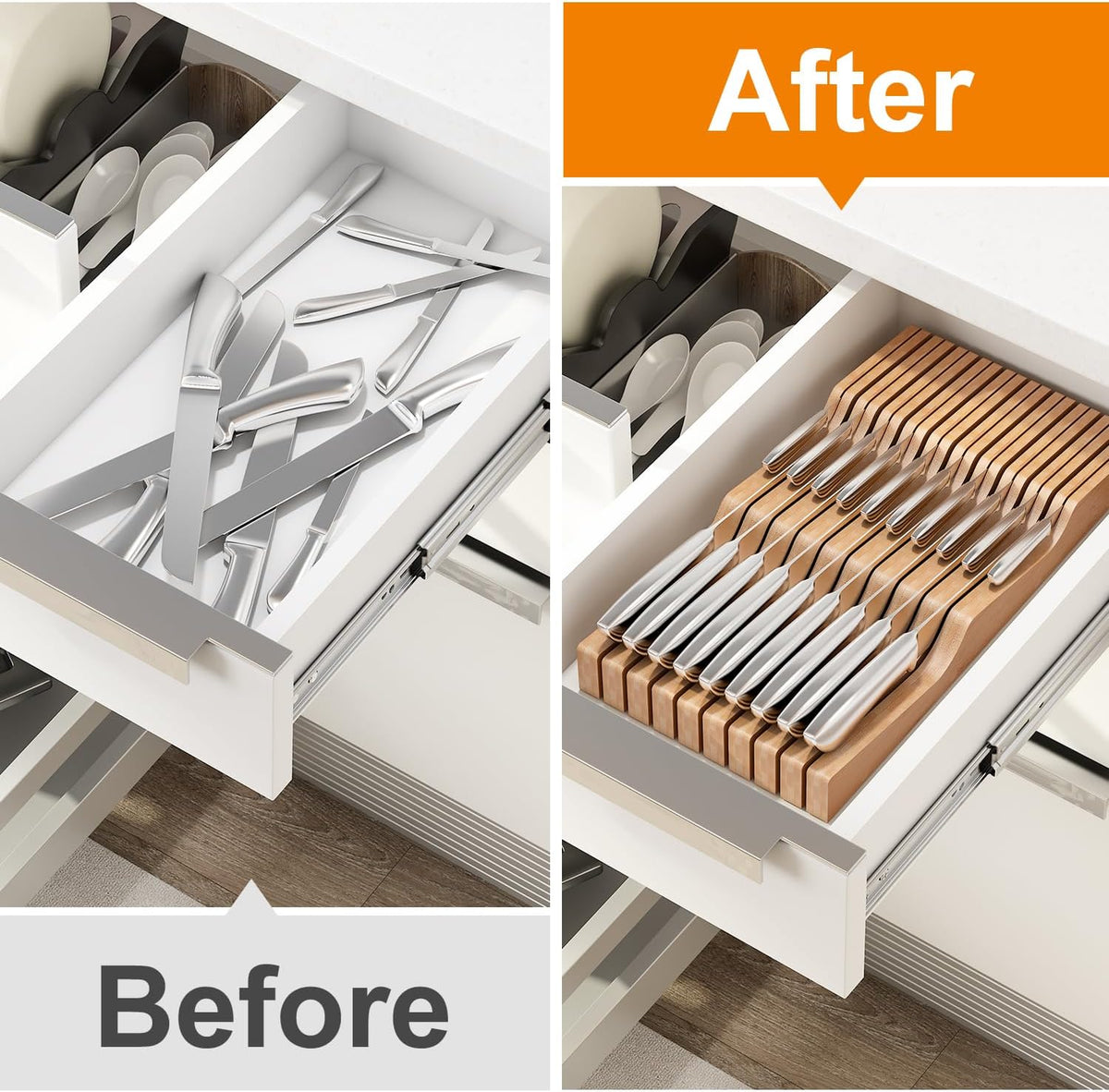 In-Drawer Knife Block Organizer - Bamboo Wood Drawer Knife Organizer-Protecti...