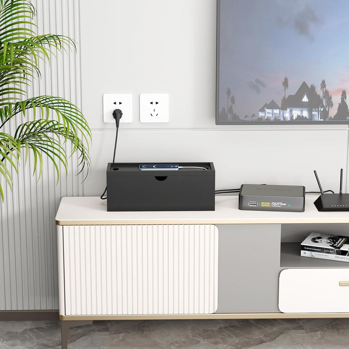 Bamboo Cable Management Box, Large Cord Organizer Box Cable Box to Hide Wires...