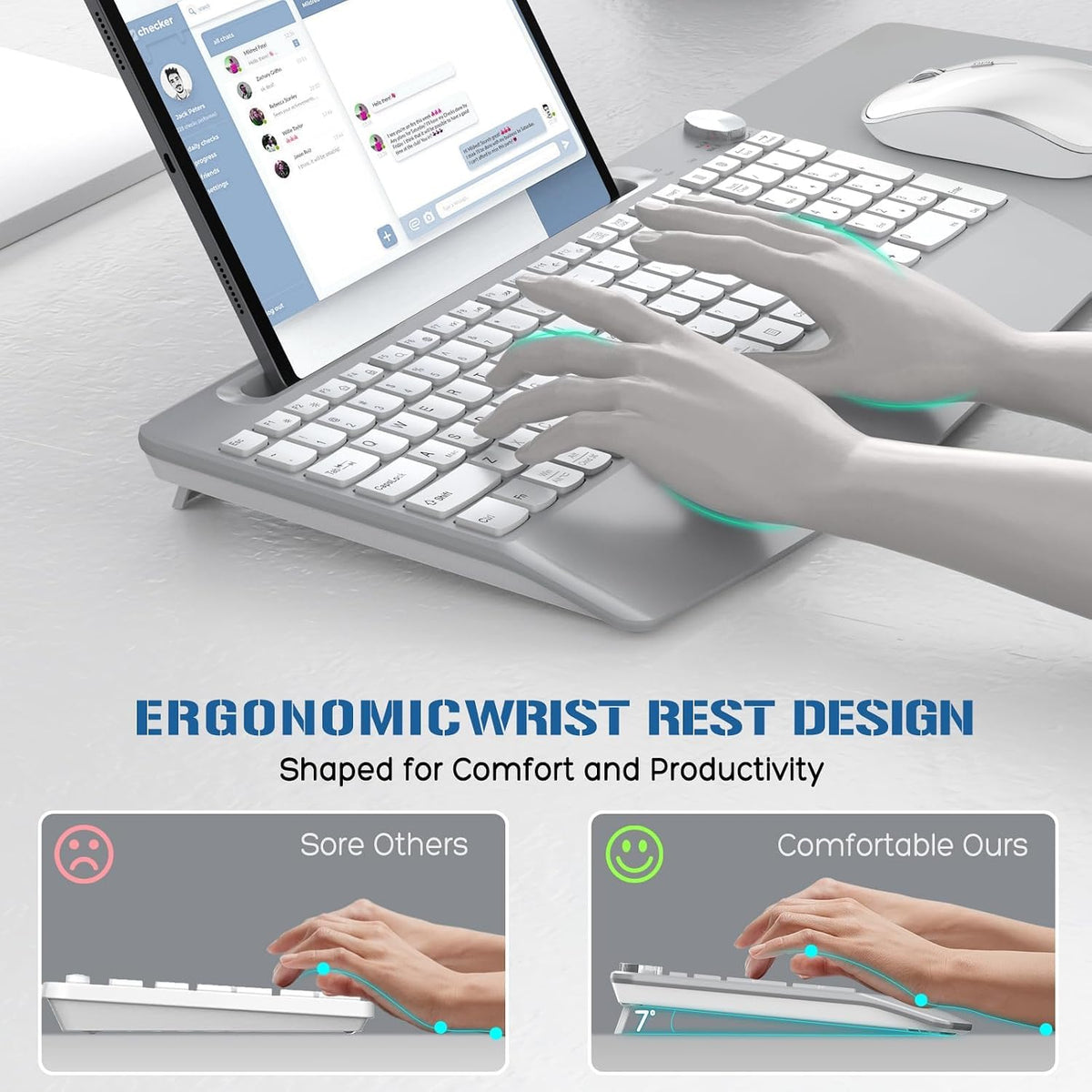 JOYACCESS Ergonomic Wireless Keyboard Mouse Combo, Silver