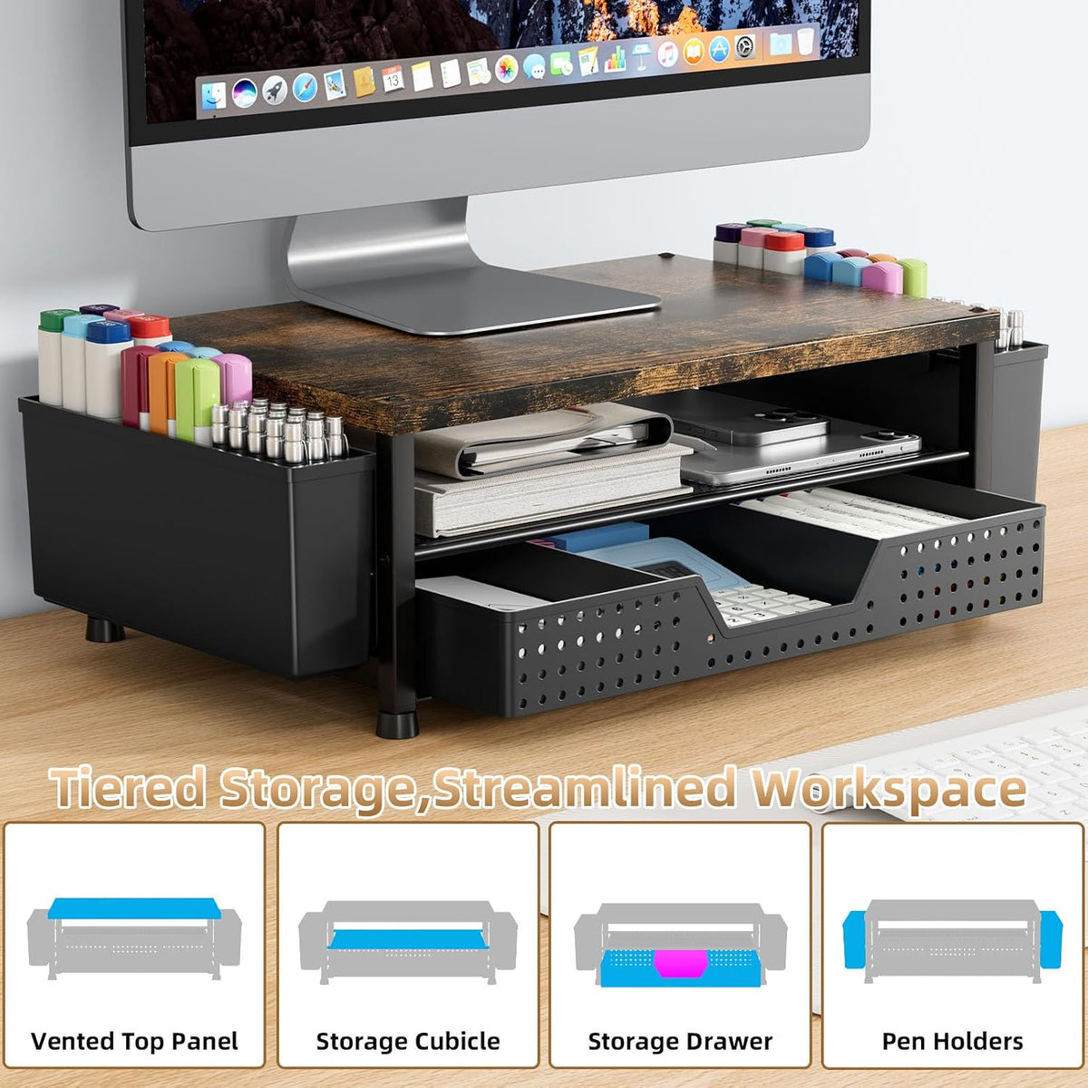 Monitor Stand Riser with Plastic Drawer and Two Pen Holders, Dark Wood Top